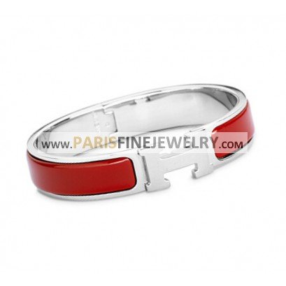 Hermes Red Enamel Clic H Narrow Bracelet in White Gold