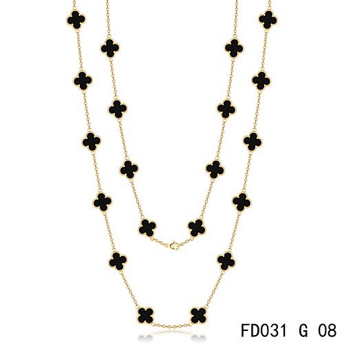 Fake Van Cleef & Arpels Vintage Alhambra 20 Motifs Long Necklace Yellow Gold Black Onyx